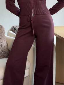 Abrilcols 女士勃艮第拉链开衫和针织裤休闲毛衣两件套，毛衣套装，秋冬，冬季 - 酒紅色 - 查看 3