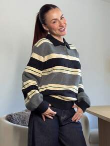Abrilcols 女士休闲条纹高领毛衣，秋季 - 灰色 - 查看 6