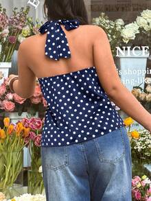 GalTyme Blusa feminina plus size azul marinho com estampa de bolinhas e decote halter, para primavera/verão. - Azul marinho - Ver 2
