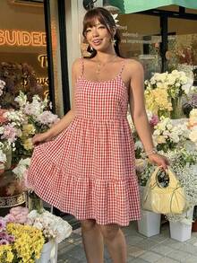 GalTyme Plus Size Women Plaid Ruffle Casual Vacation Date Outfit Cami Dress - Red and White - View 3