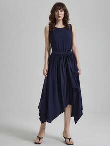 Ontre Damen Schwarzes Leinen Komfortables hautfreundliches Material Figurbetontes rundhalsausschnitt ärmelloses H-Linie Patchwork asymmetrischer Saum Mehrschichtiges Design Gürtel Dekor Seitentaschen Boho Strandurlaub Outfit Country Musik Festival Western Stil Lässig Chic Dezent Vintage Hochwertig Kreuzfahrt Tragen Minimalistisch Luxuriöses Gefühl Essenzielles Outfit Mode Business-Casual Urban Kleid Hochwertig Flughafen Outfit Vielseitig Saisonales Kleid Resort Kollektion Midi Kleid - marineblau - Übersicht 5