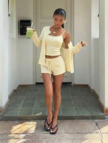 Muchica Mustard Striped Knit Women Top & Shorts Set - Pale Yellow - View 3