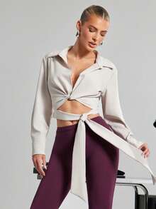 Hauture Beige Autumn Seksi Elegant Night Out Women's Twist Pleated Long Sleeve Shirt, Old Money Corporate Core Office Styling, Versatile Casual Daily Blouse - Apricot - View 3