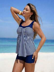 Swim Lushoire Bộ 2 áo bikini hai mảnh kẻ sọc phối họa tiết nhún bèo phía trước dành cho nữ, áo tắm tankini, đồ bơi tankini kẻ sọc, áo tắm định hình, quần bơi. - Màu xanh hải quân - Xem 5