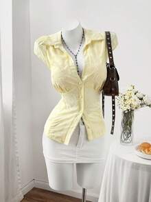 Sweetra Plus Size Fashion Versatile Single-Breasted Embroidered Polo Collar Slim Fit Shirt - Yellow - View 3