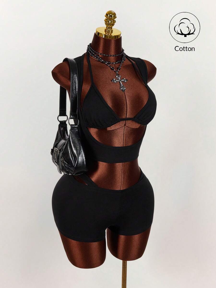 Amplova Bộ 2 món dành cho nữ: Áo camisole bó sát mới với chi tiết cúp ngực gợi cảm và quần short skinny cạp siêu thấp. - màu đen - Xem 1