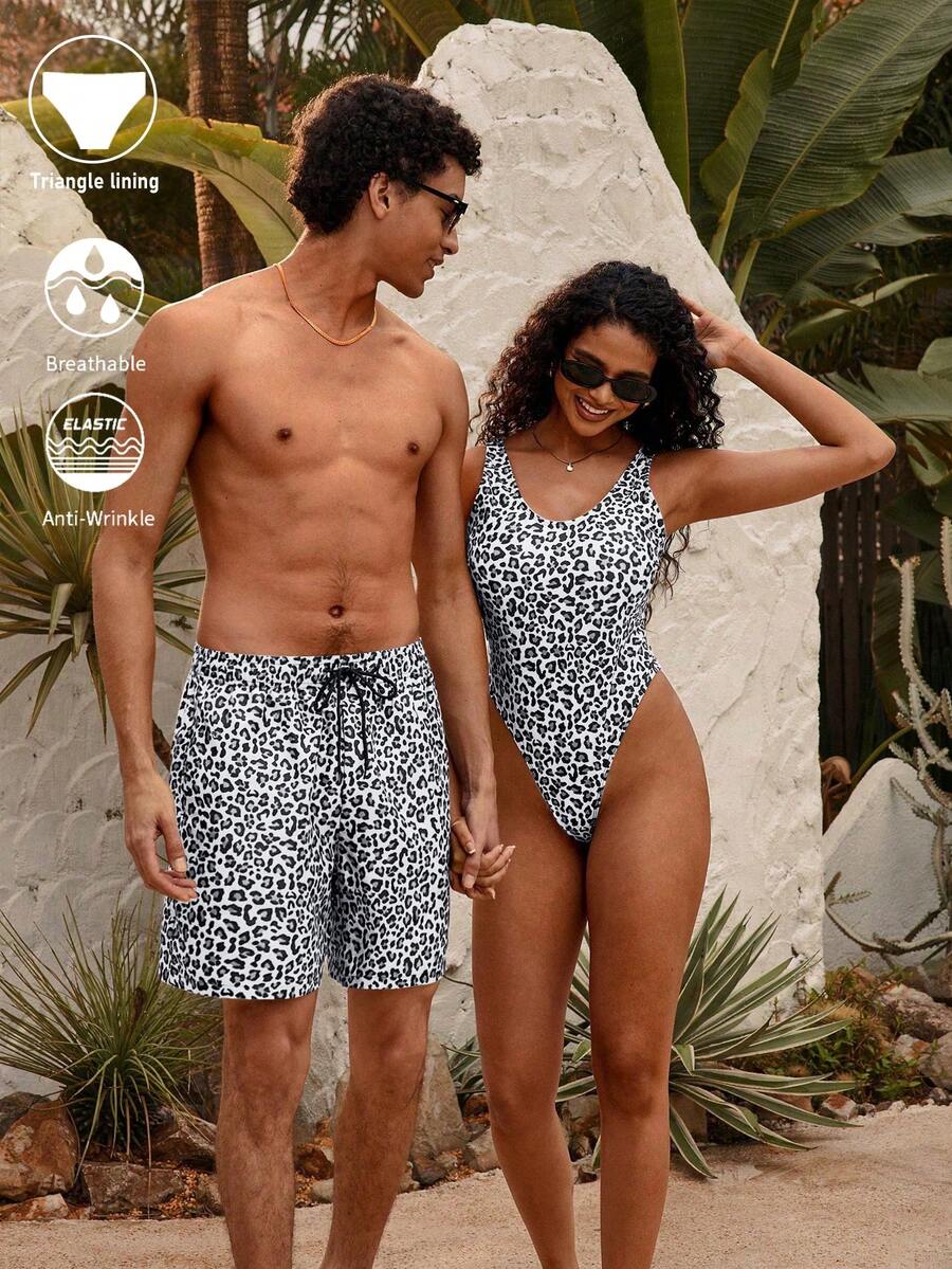 Manfinity VDAYZ 1 chiếc quần short đi biển mùa hè dành cho nam, họa tiết da báo, cạp chun, dáng rộng, có dây rút. - Nhiều màu - Xem 1