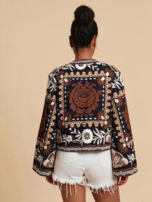 Travachic Woven Printed Long Sleeve Cropped Loose Blouse For Women,Summer Top - Black - View 2