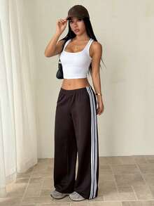 SHEIN PETITE Quần nỉ nữ dệt kim kiểu dáng thường ngày, có sọc bên hông, màu nâu đậm. - Màu nâu Sô-cô-la - Xem 3