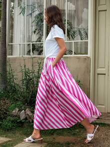 SHEIN Essnce Women's Summer Casual Elegant Pink And White Striped Maxi Skirt High Waist A-Line Holiday Beach Vacation Long Skirt With Pockets Women's Skirt Pink White Picnic Skirt - Pink - View 5