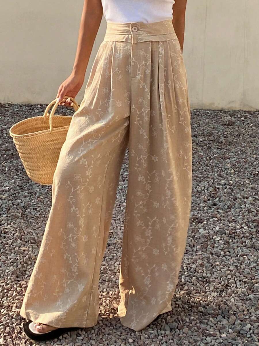 Livesso Pantalones anchos y sueltos con estampado floral casual para mujer - Gris - Ver 1