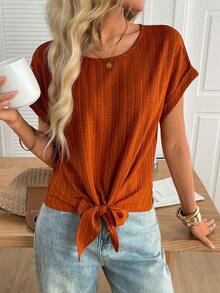 SHEIN LUNE Áo sơ mi nữ dáng rộng, màu trơn, chất liệu có họa tiết, thích hợp cho mùa hè, đi nghỉ mát, đi làm, đi làm hàng ngày, kiểu dáng cơ bản, thắt nơ. - trái cam - Xem 4