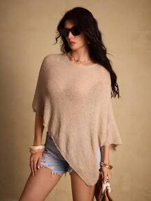 Swim Chiccia 新款轻薄宽松针织蝙蝠袖罩衫，休闲沙滩、游艇、泳池风格，浅卡其色 - 杏色 - 查看 6