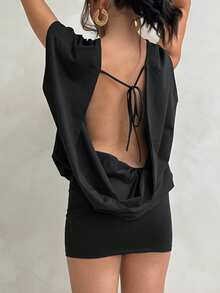 Aloruh Elegant Knit Backless Tie Strap Women Mini Dress, Black Party - Black - View 3