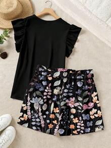 SHEIN LUNE 大码女式夏季休闲度假风黑色荷叶边袖口上衣和印花纸袋腰短裤两件套 - 黑色 - 查看 2