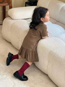 Dazy Kids 女嬰休閒圓領網布拼接中長洋裝 夏季女童太陽裙 - 咖啡棕 - 查看 4