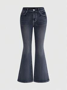 ROMWE Y2K Sexy Punk Style Vintage Low Waist Super Short Zipper Rivet Pocket Embroidery Women Denim Jeans, Spring/Summer Swimming Pastal - Medium Wash - View 8