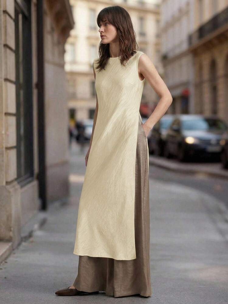 Women's Wrinkle-Effect Satin Poplin Fabric Small Collar Off-Shoulder Round Neck Shoulder Seam Open Design Side High Slit Sleeveless Long Top, Urban Commute Business Casual Elegant Top, Suitable For Holiday, Wedding Guest, Party, Summer,Summer Top