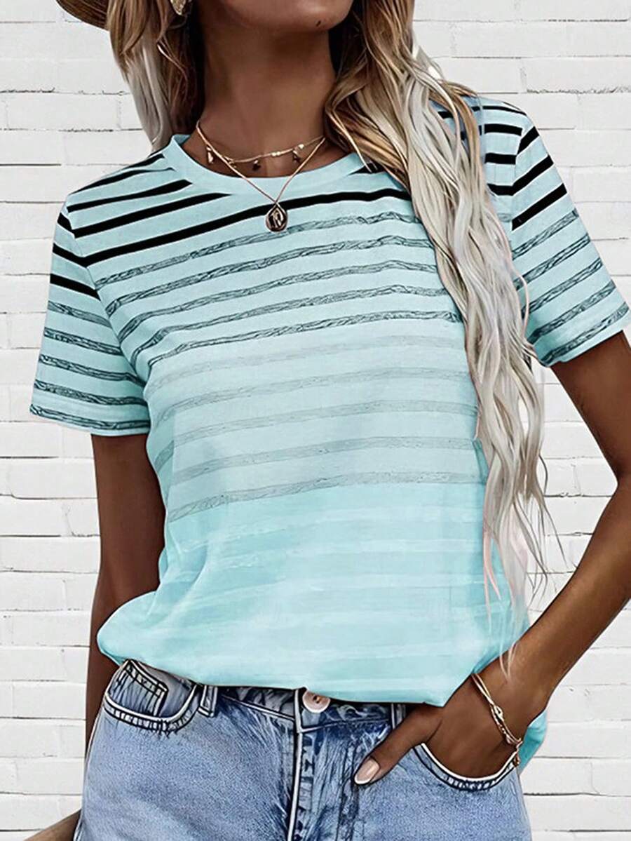 女士休闲粉色条纹印花短袖圆领T恤，百搭夏季款式 - 彩色 - 查看 1