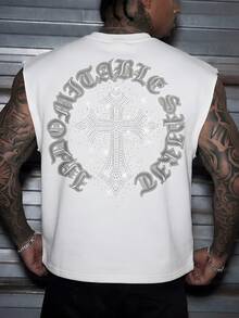 AXEPEAK Men's Casual Loose Fit Tank Top, White With Printed & Rhinestone Decor, Summer - White - View 1
