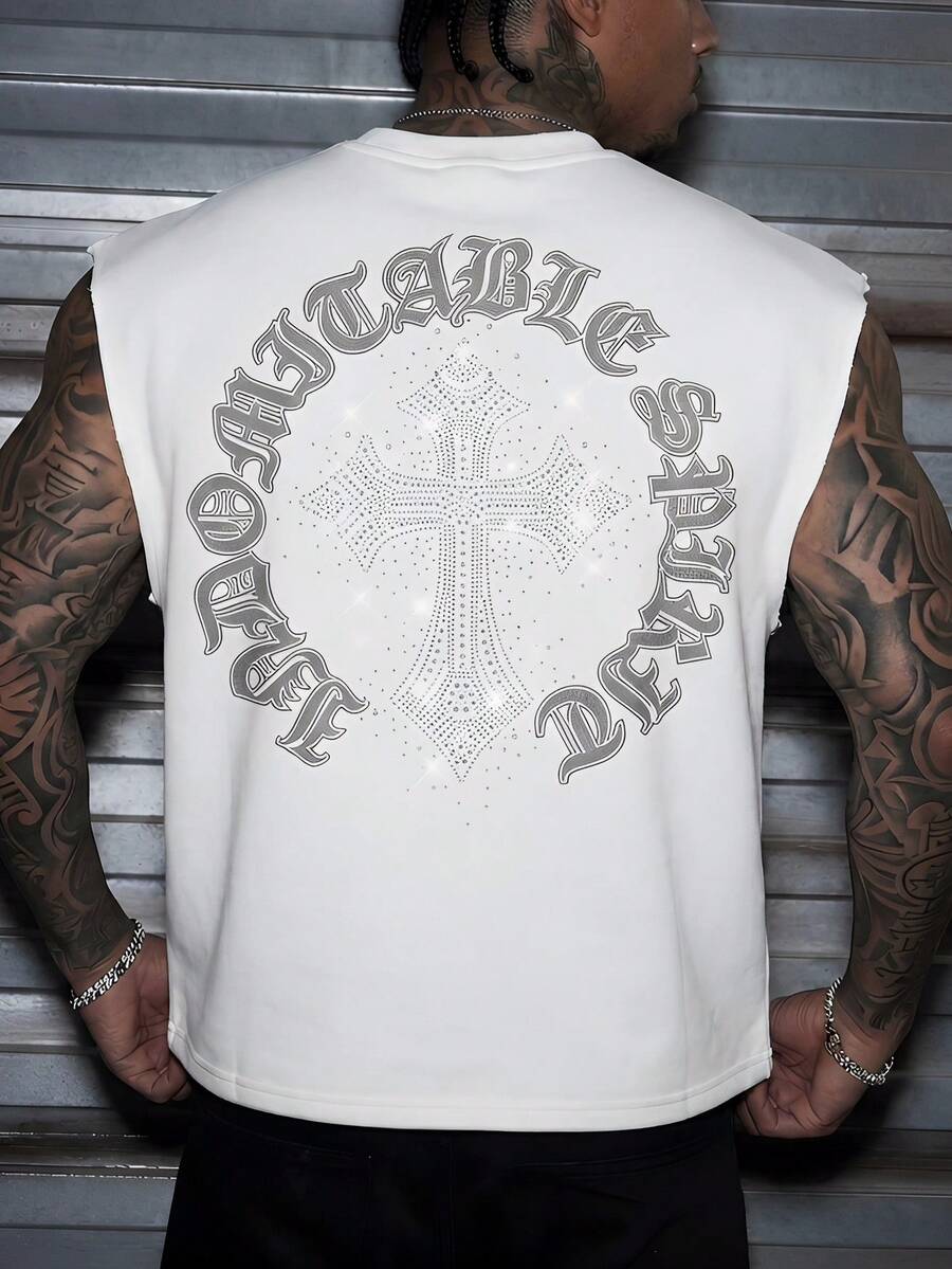 AXEPEAK Men's Casual Loose Fit Tank Top, White With Printed & Rhinestone Decor, Summer - White - View 1