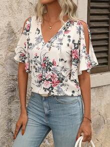 SHEIN Clasi 大码女式碎花露肩时尚上衣 - 彩色 - 查看 1