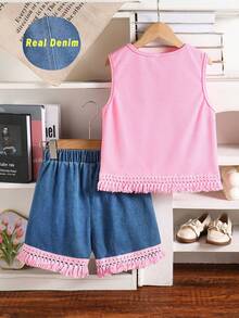 Bộ 2 món dành cho bé gái tuổi teen, thích hợp mặc mùa xuân/hè, kiểu dáng ngọt ngào dễ thương, chất liệu vải có họa tiết thêu hoa, kết hợp với quần short denim tua rua, phù hợp cho mặc hàng ngày, đi làm, dạo phố, đi nghỉ mát, tụ họp bạn bè. - Màu Hồng Tươi - Xem 2