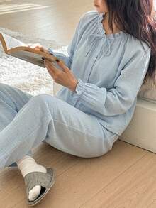 DAZY Soft Blue Cotton Pleated Ruffle Design Loose Women Pajama Set - Baby Blue - View 7