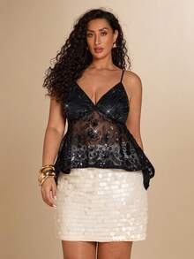 SHEIN BAE Áo hai dây xuyên thấu gợi cảm, đính sequin, kiểu dáng rộng rãi dành cho nữ, thích hợp cho buổi hẹn hò. - màu đen - Xem 5