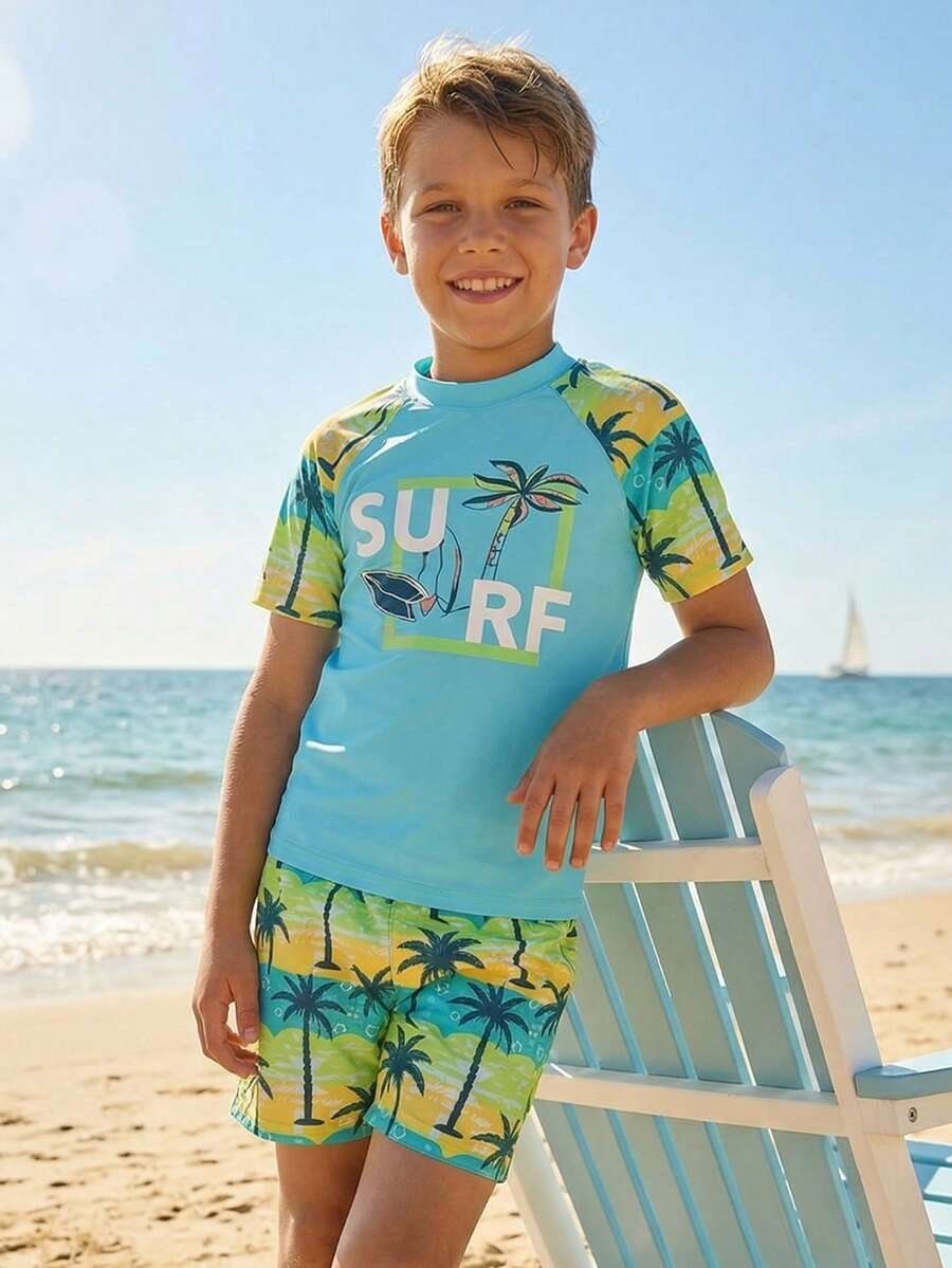 SHEIN 青少年男孩休闲简约圆领短袖泳衣套装,适合夏季 - 彩色 - 查看 1