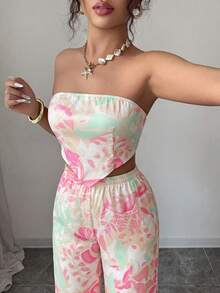 SHEIN Tall Bộ đồ 2 món gồm áo croptop buộc dây cổ và chân váy in họa tiết, thanh lịch và lãng mạn cho kỳ nghỉ. - Nhiều màu - Xem 6