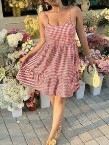 GalTyme Plus Size Women Plaid Ruffle Casual Vacation Date Outfit Cami Dress - Red and White - View 5