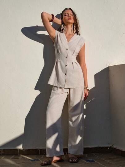 EURMUSE Women's Casual, Office, Commuting Simple Solid Color V-Neck Single-Breasted Pleated Vest And Straight Leg Suit Pants Set, Spring/Summer/Autumn