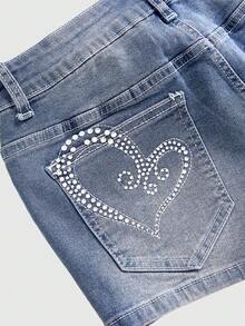 ROMWE Y2K Retro Low-Waist Heart Pocket Rhinestone Embellished Mini Women Denim Shorts - Blue - View 4