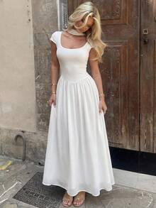 Firerie Women's Elegant White Summer Dress,Vacation Resort Beach Scoop Neck Flowy Sleeve A-Line Midi Chiffon Formal Wedding Guest Chic Minimalist Fashion - White - View 7