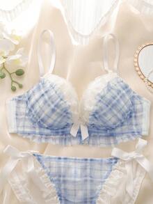 DelicateAllure 2pcs Plaid Underwire Molded Cup Underwire Lace Trim Multi-Tier Ruffle Bow Kawaii Cute Lolita Doll Fresh Adorable Comfy Balconette Bra Set For Women - Blue - View 6