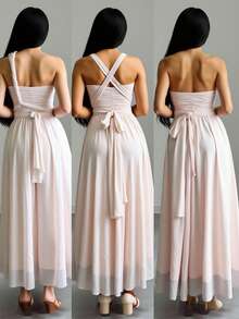 SHEIN Raffinéa 时尚派对礼服，浪漫荷叶边下摆多穿式长裙，粉色 - 淺粉色 - 查看 4