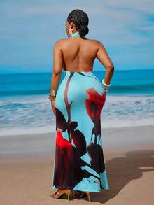 Maweii Plus Size Floral Print Backless Halter Dress, Vacation & Beach - Blue - View 5