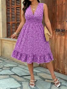 EMERY ROSE Đầm casual cỡ lớn không tay, xếp ly, họa tiết hoa nhí, có trang trí viền bèo nhún. - Nhiều màu - Xem 3