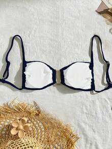 SHEIN Swim Áo bơi nữ màu trơn cho kỳ nghỉ và bãi biển, bộ bikini nữ, áo bơi nâng ngực, áo bikini nâng ngực, áo bơi nâng ngực, đồ bơi nâng ngực - Màu xanh hải quân - Xem 2