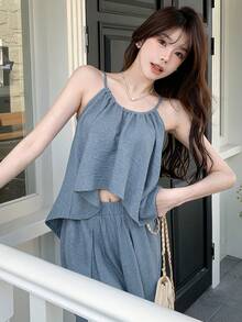 DAZY Bộ 2 món áo hai dây kiểu Hàn Quốc và quần ống rộng dành cho nữ. - Màu xanh lam - Xem 7