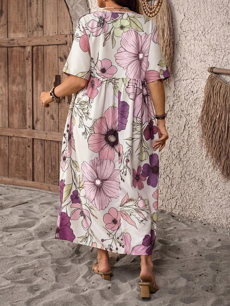 Plus Size Vintage Country Style Ripped Waist Dual Pocket Long Dress, Spring/Summer  Summer Dress  Summer Outfits Summer Clothes Spring Dress Spring Outfit Women Spring Clothing Country Style For Women Country Dress For Women, Summer Dresses
