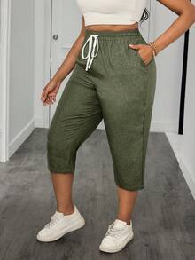 SHEIN PETITE CURVE Plus Drawstring Waist Capris Pants - Fresh Green - View 6