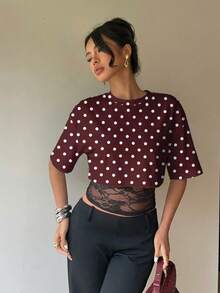 Siren Gaze Áo thun nữ màu nâu chấm bi trắng phối ren trang nhã, kiểu dáng tối giản thường ngày, đa năng cho mùa xuân/hè. - Nhiều màu - Xem 5