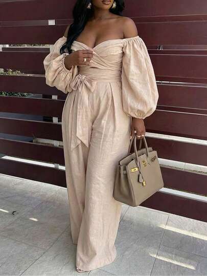 BamGleam Lantern Sleeve Jumpsuit, Energetic Resort Style Asymmetrical Shoulder Jumpsuit For Women, Skin-Tone Off Shoulder Petal Sleeve Cinched Waist Wide Leg Pants, Satin Elegant Commuter & Holiday Jumpsuit