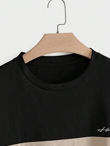 EASEVO Plus Size Men's Casual Letter Print Contrast Color Short Sleeve T-Shirt - Black - View 3