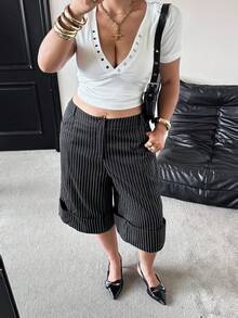 POPSWAY Quần lửng 7/8 kiểu dáng thanh lịch, thoải mái, cạp cao, ống rộng, dáng suông, tôn dáng, đa năng, phù hợp cho công sở mùa xuân và hè. - Đen và trắng - Xem 5