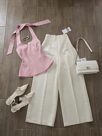 Airaco Conjunto casual de 2 piezas de top halter de unicolor y pantalones de pierna ancha para mujer