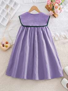 SHEIN Tween Girls/Tween Girl Girls Pastoral Floral Embroidered Pattern Ruffle Collar Puff Sleeve Dress,Versatile Round Neck Trim Contrast Color - Purple - View 6