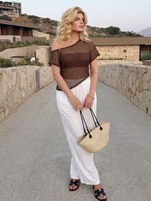 Dripcurv Blusa transparente de talla grande en color marrón para mujer, perfecta para usar en la playa, estilo casual de vacaciones, con tela de malla asimétrica, atuendo de verano. - Café integral - Ver 4